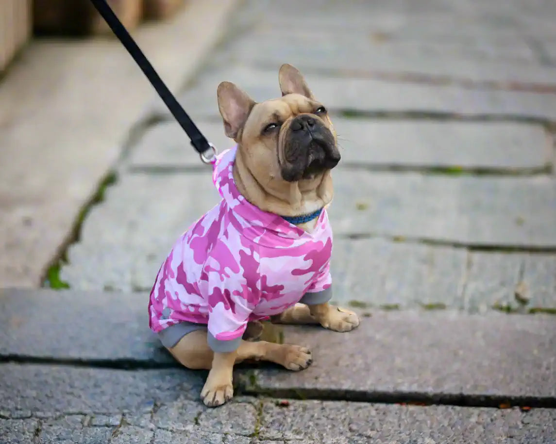 Hunde Hoodie, Design Camouflage rosa, seitliche Vorderansicht