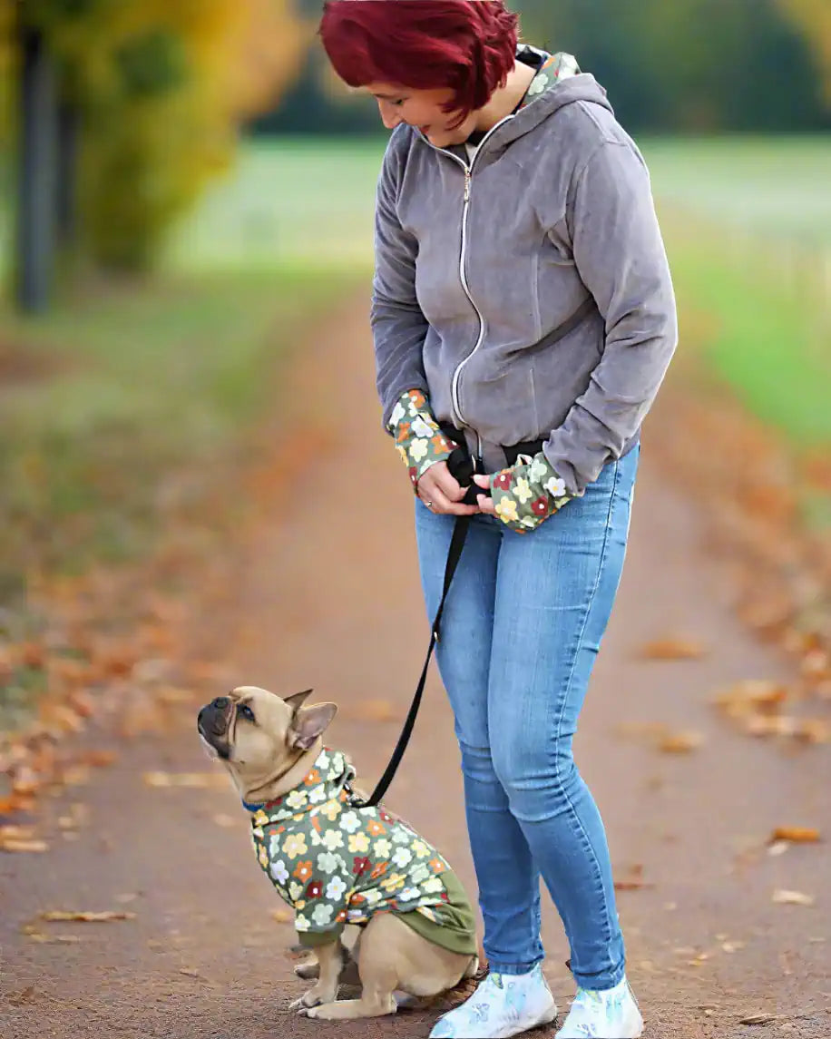 Kapuzenjacke grau Blume mit passendem Hunde Hoodie