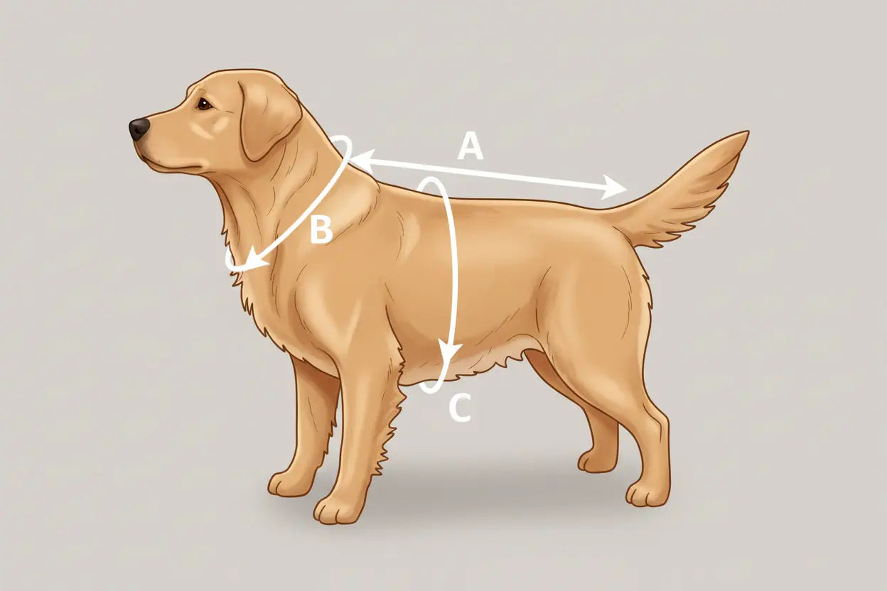 Anleitung zum Ausmessen für die Hundebekleidung: A = Nacken bis Schwanzansatz, B = Halsumfang, C = Brustumfang
