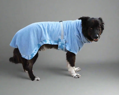 Hund mit blauem Bademantel, Seitenansicht
