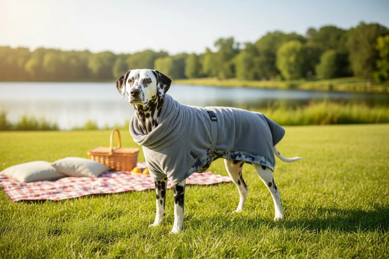 Hund mit grauem Bademantel, Seitenansicht