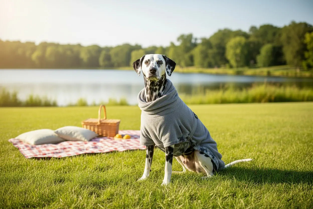 Hund mit grauem Bademantel, sitzend
