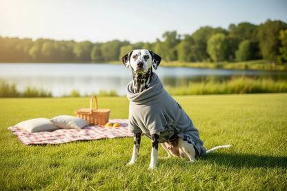 Hund mit grauem Bademantel, sitzend